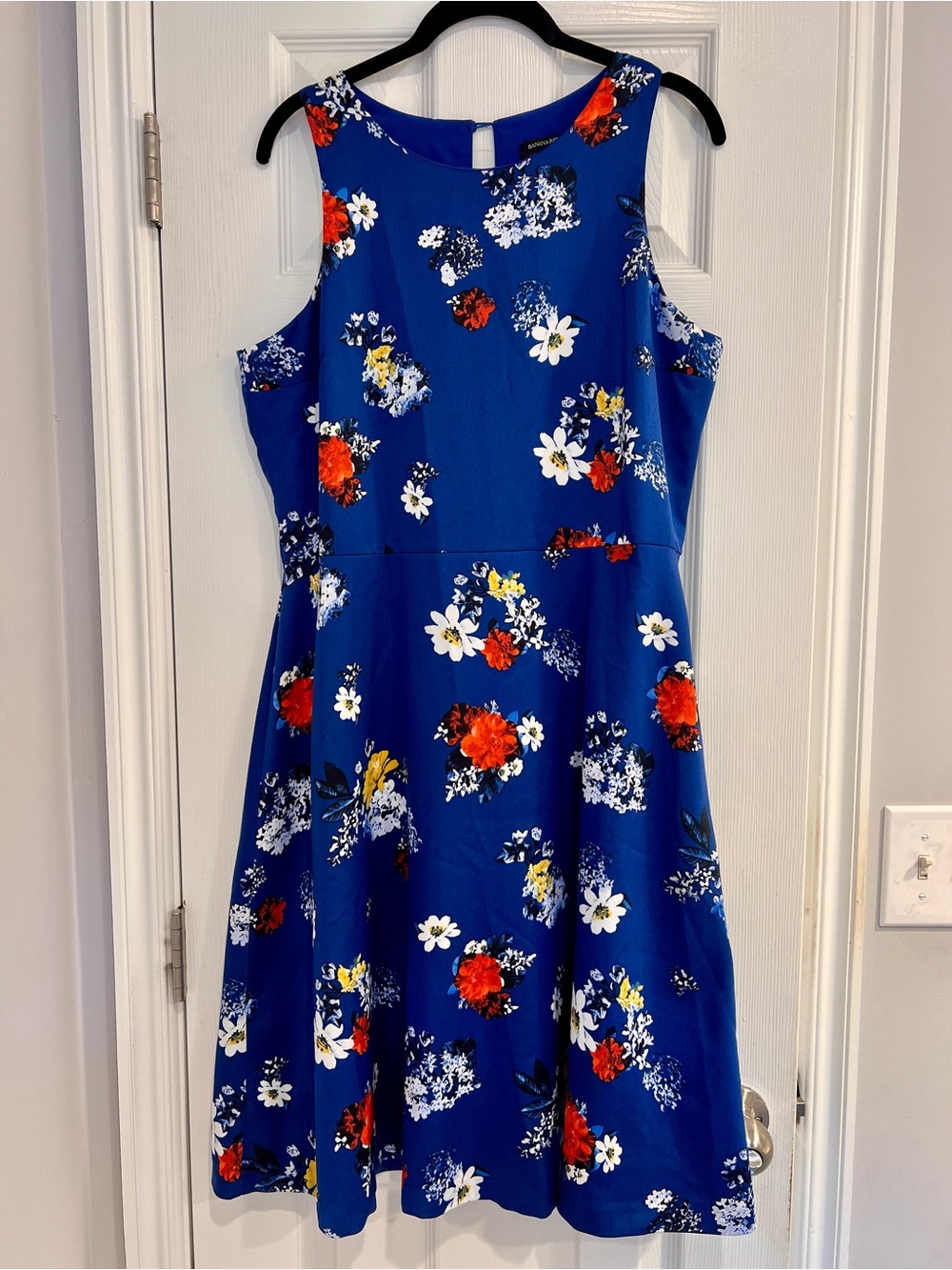 Banana Republic Satin Blue Floral Fit-and-Flare Wedding Guest Dress Career 14 XL